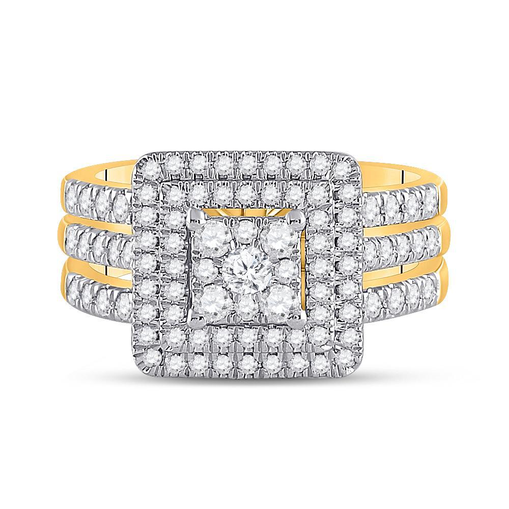 1 Cttw Round Diamond Square Cluster Bridal Wedding Ring Band Set 10k Yellow Gold