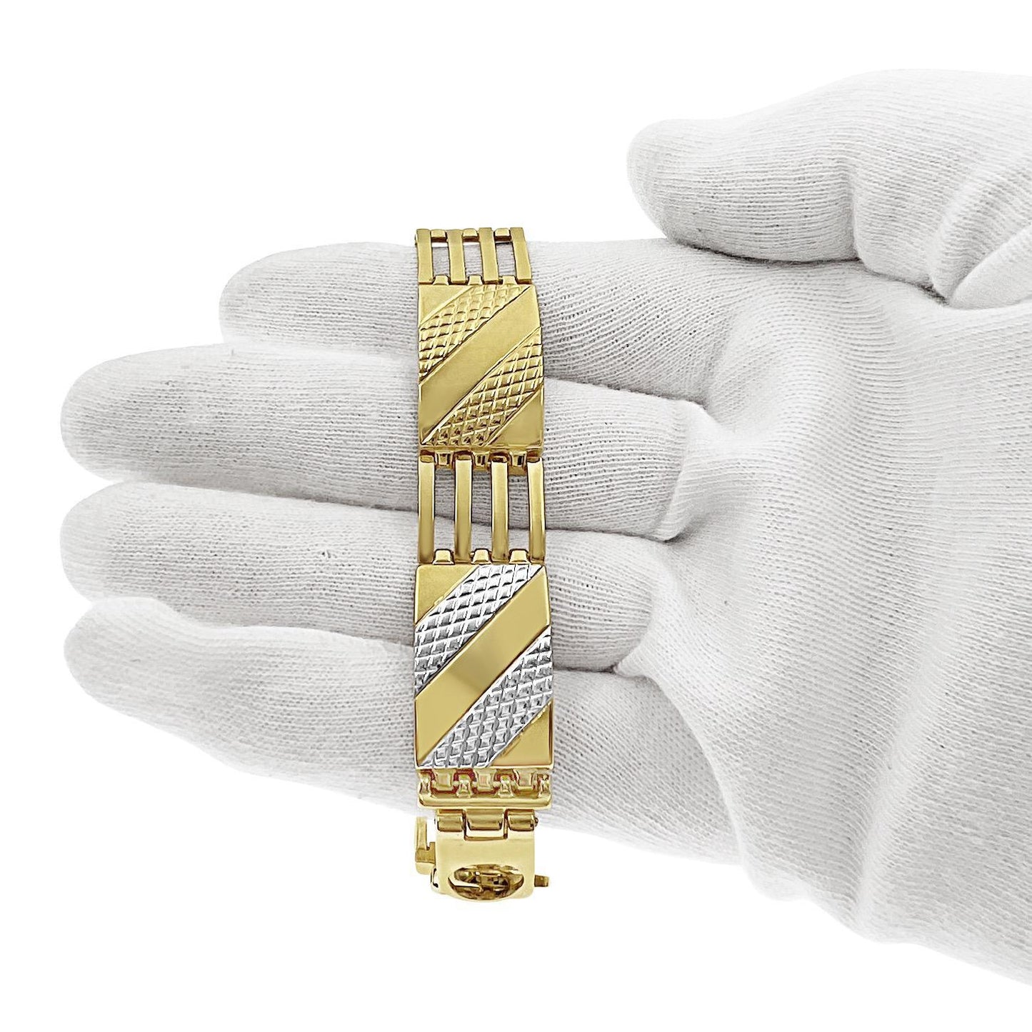 10k Gold 15mm Mens Textured Diagonal Design Bracelet Two Tone Railroad Style