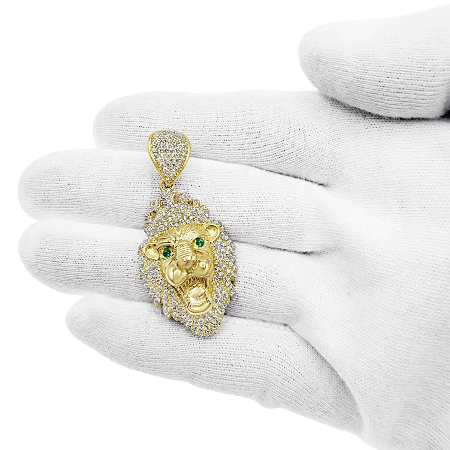 10K Yellow Gold Lion Head Pendant Mens Charm CZ 1.9"