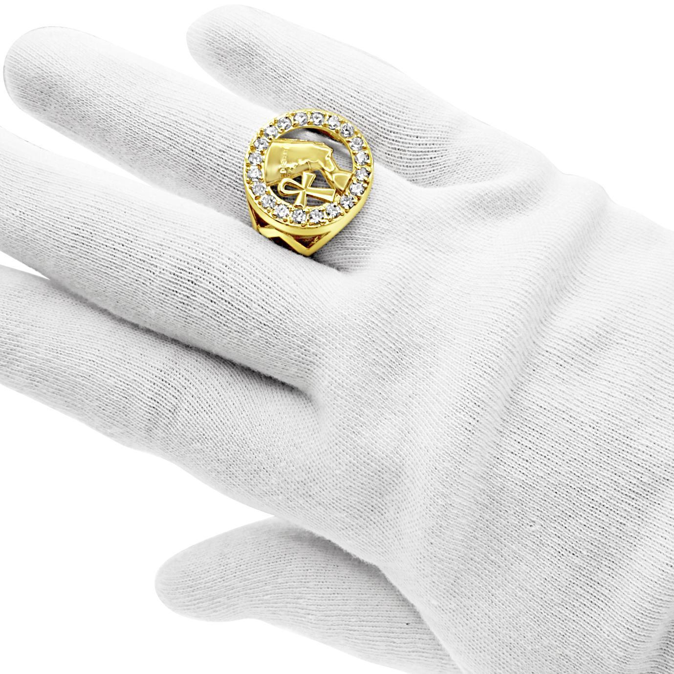 10K Yellow Gold Egyptian Queen Nefertiti Ankh Mens Signet Ring Round