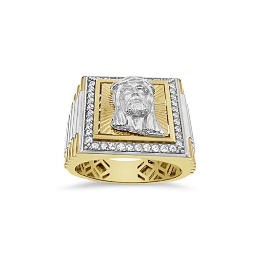 Jesus Head Mens Signet Ring 10k Two Tone Gold