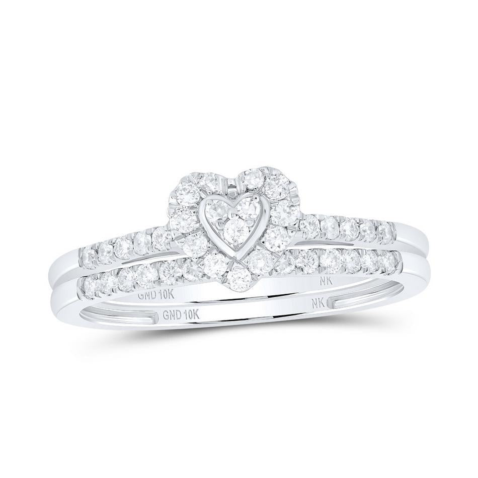0.33ctw Diamond Heart Halo Bridal Engagement Wedding Ring Band Set 10k Gold