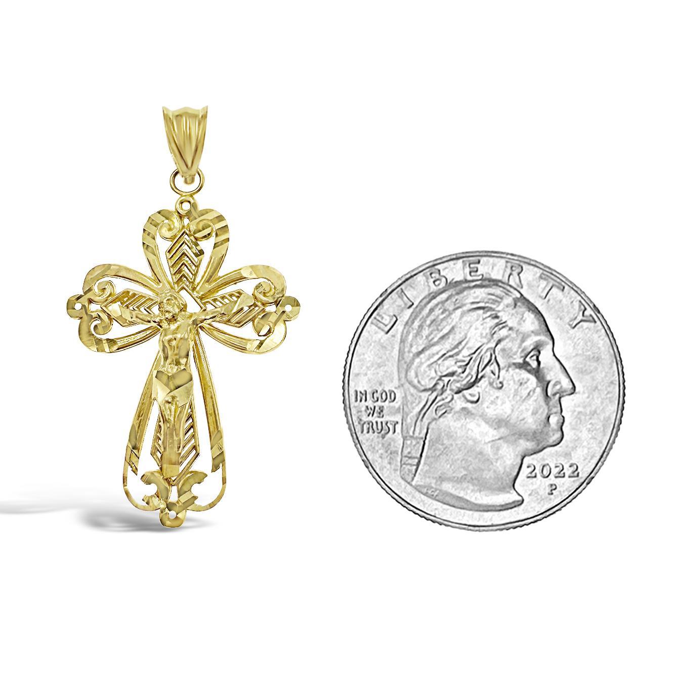 Cross Jesus Crucifix Pendant 10k Yellow Gold Charm Diamond Cut 1.4 inch