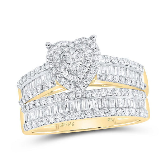1.75 Ctw Baguette Diamond Heart Trio Wedding His Hers Set Ring 14k Yellow Gold