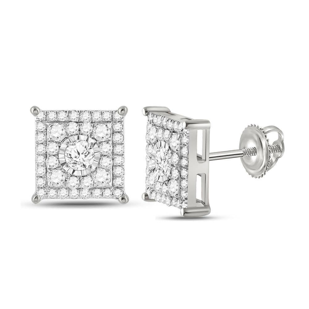 0.45ctw Diamond Square Cluster Stud Earrings 10k White Gold Screw Back Mens