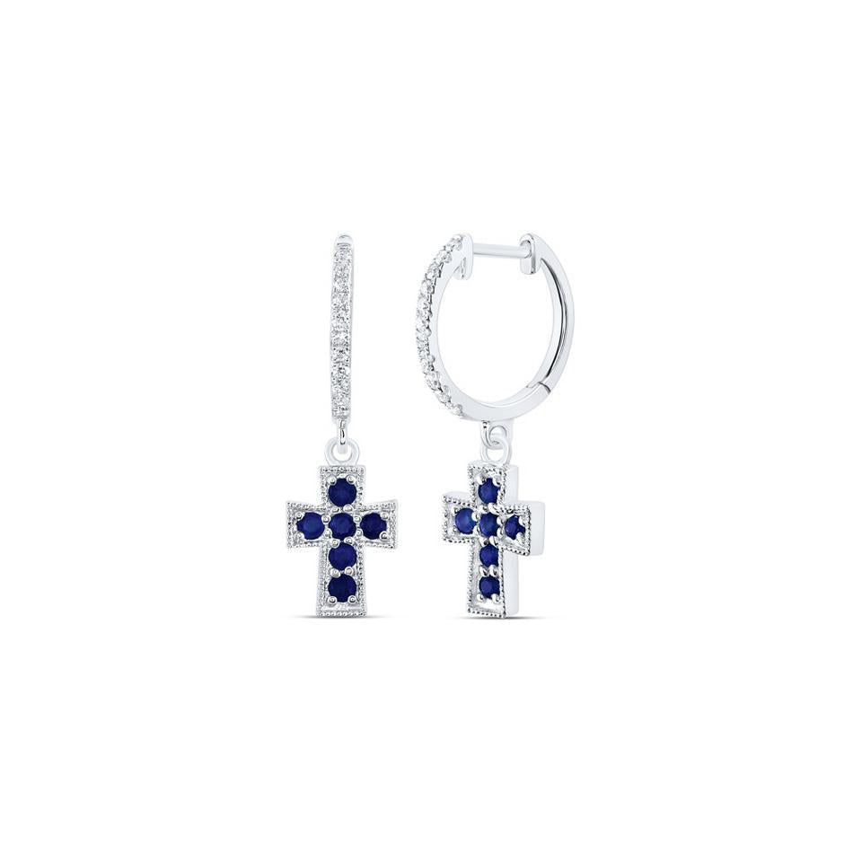 Natural Blue Sapphire & Diamond Cross Hoop Dangle Drop Earrings 14k White Gold