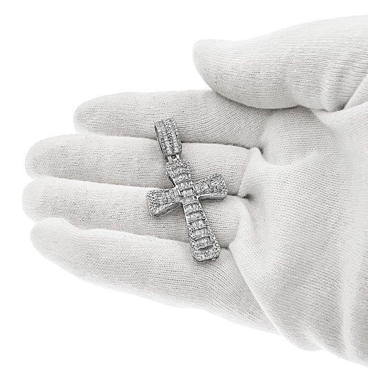 1.38 Cttw Baguette Round Diamond Cross Pendant Mens Charm 14k White Gold