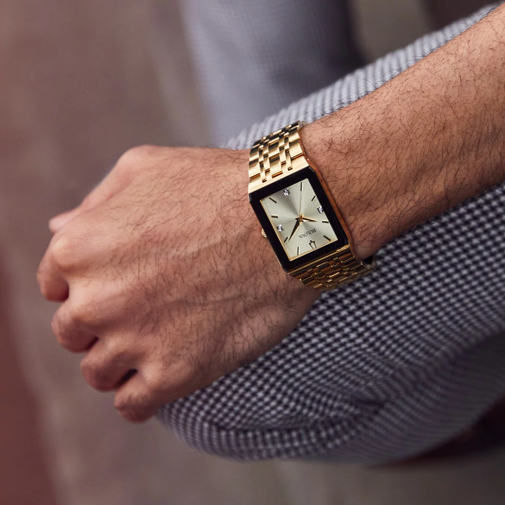 Bulova Quadra Diamonds Rectangle Gold Dial Mens Watch 97D120