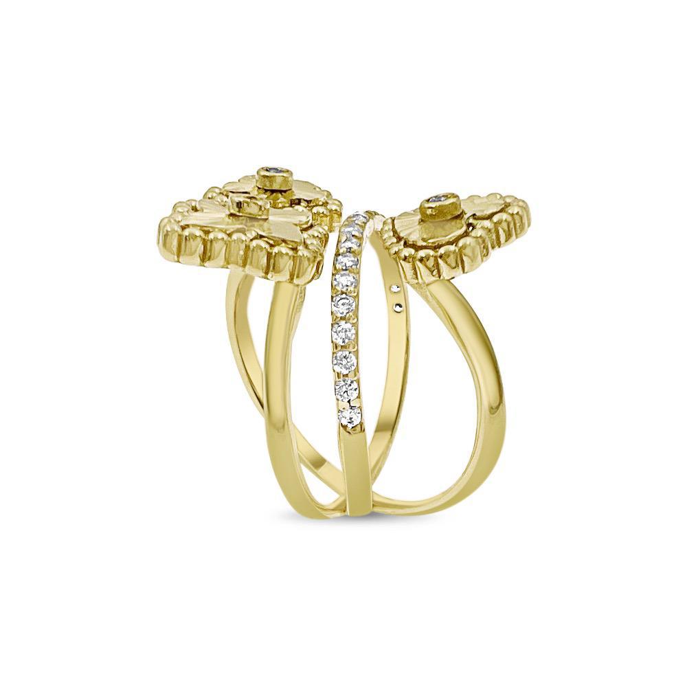 14k Yellow Gold Bypass Ring Womens Crossover Flower Heart Band CZ
