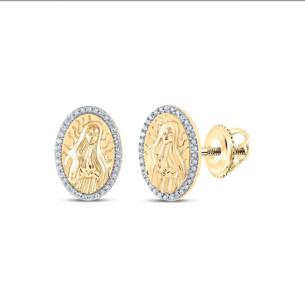 0.20ctw Diamond Guadalupe Virgin Mary Oval Shape Stud Earrings 10k Yellow Gold