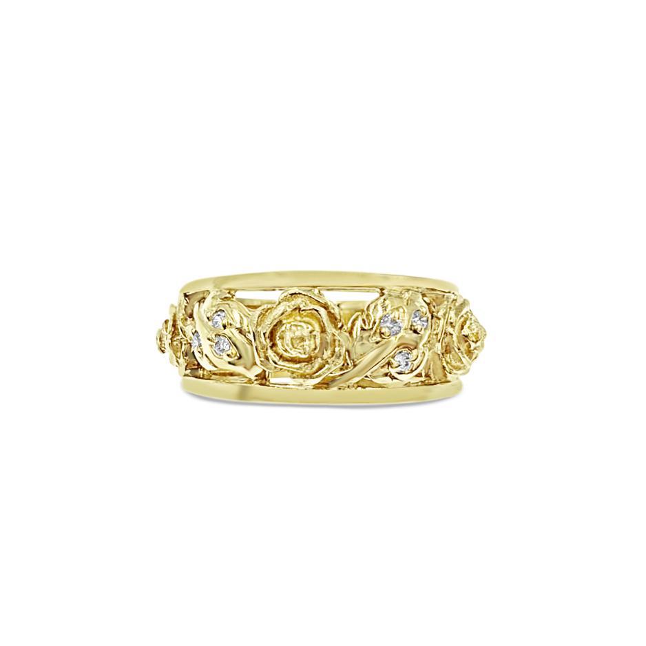 14K Yellow Gold Rose Band Ring CZ Openwork