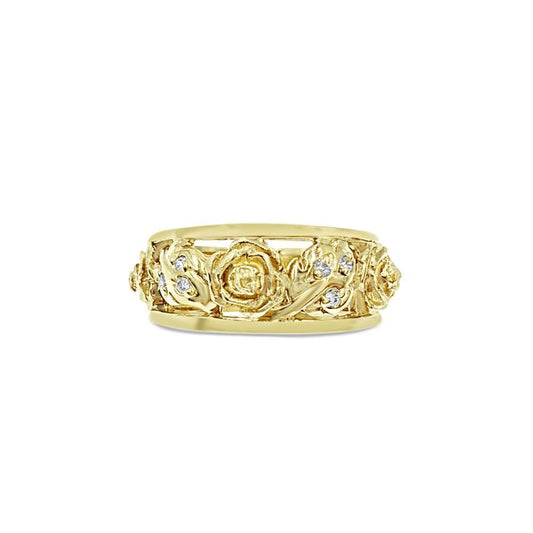 14K Yellow Gold Rose Band Ring CZ Openwork