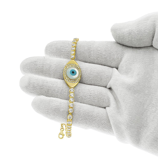 10K Yellow Gold Evil Eye Bezel Tennis Bracelet