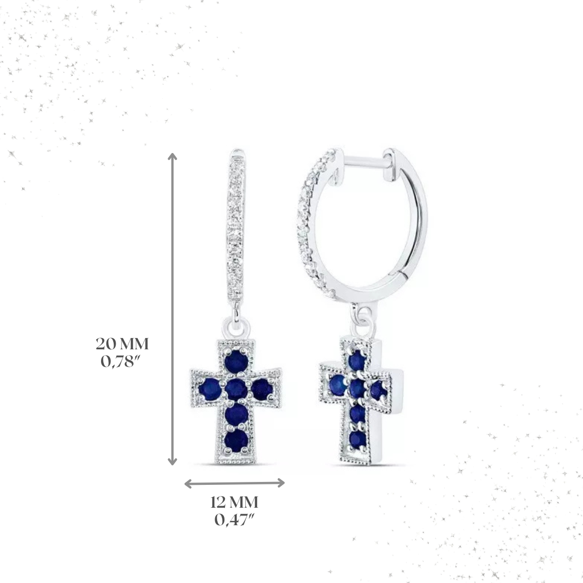 Natural Blue Sapphire & Diamond Cross Hoop Dangle Drop Earrings 14k White Gold