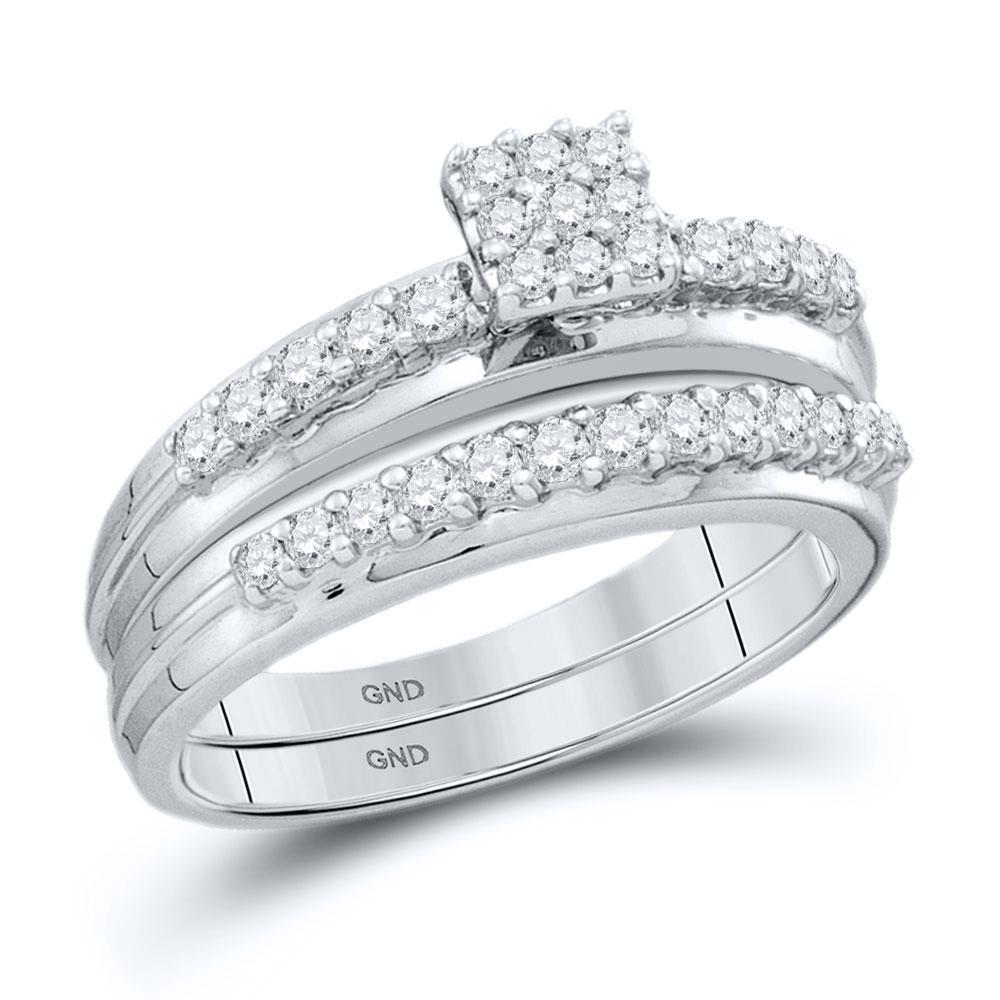 0.50 Cttw Diamond Square Cluster Bridal Wedding Ring Band Set 14k White Gold
