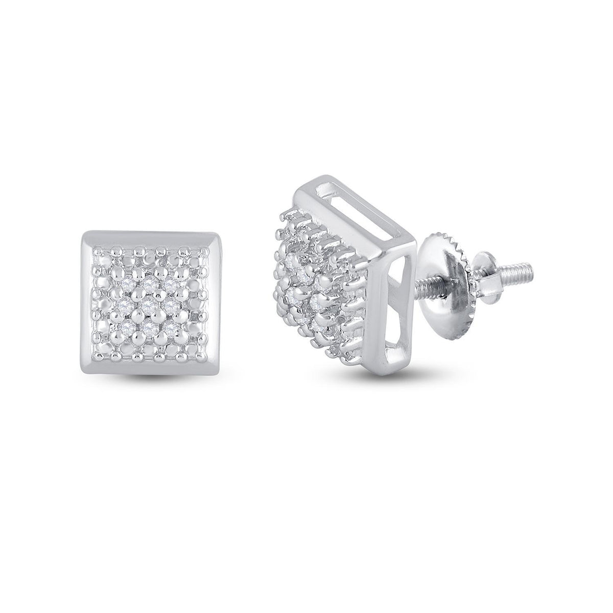 Diamond Square Cluster Mens Stud Earrings 925 Sterling Silver