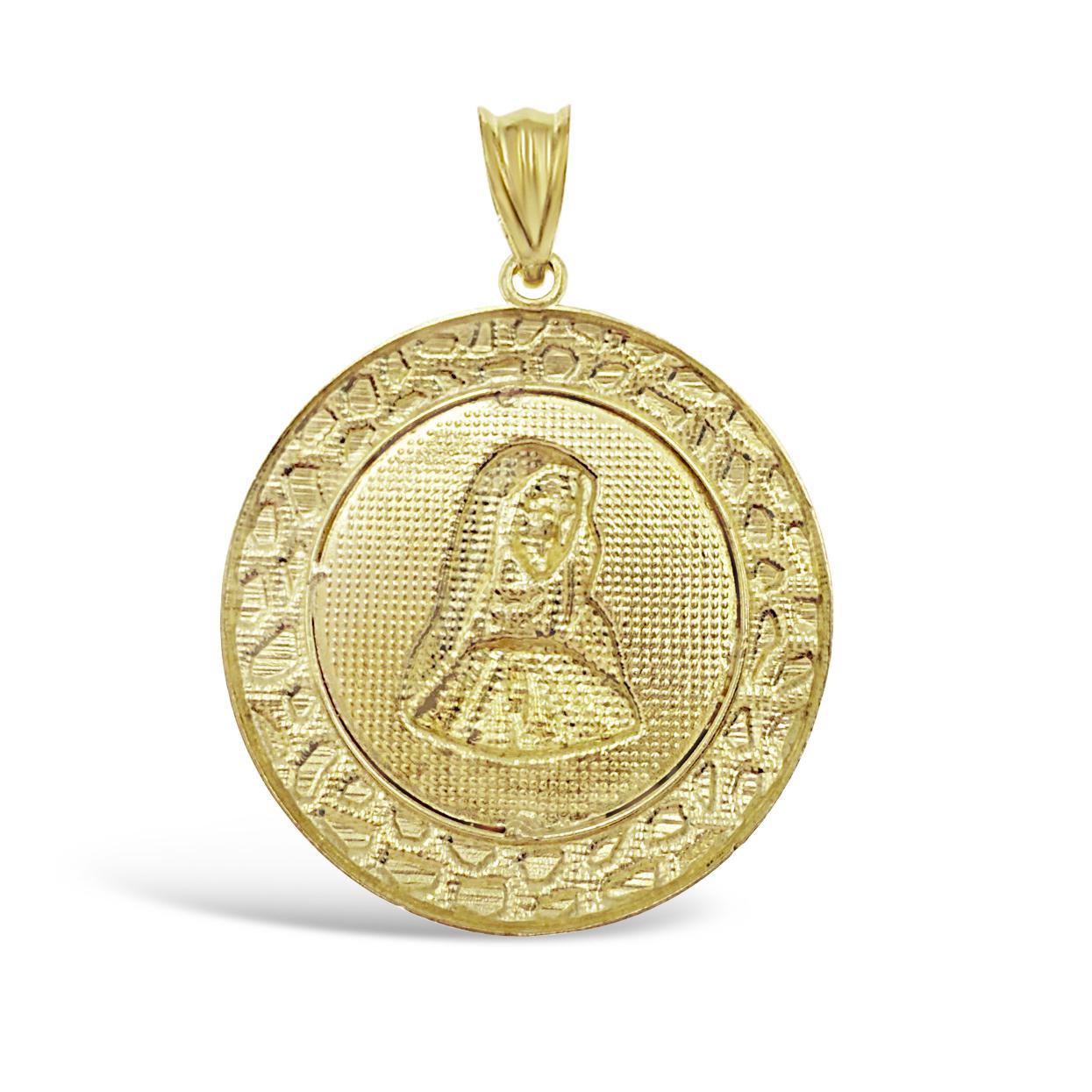Virgin Mary Pendant Lady Guadalupe Charm 10k Yellow Gold 1.6 inch
