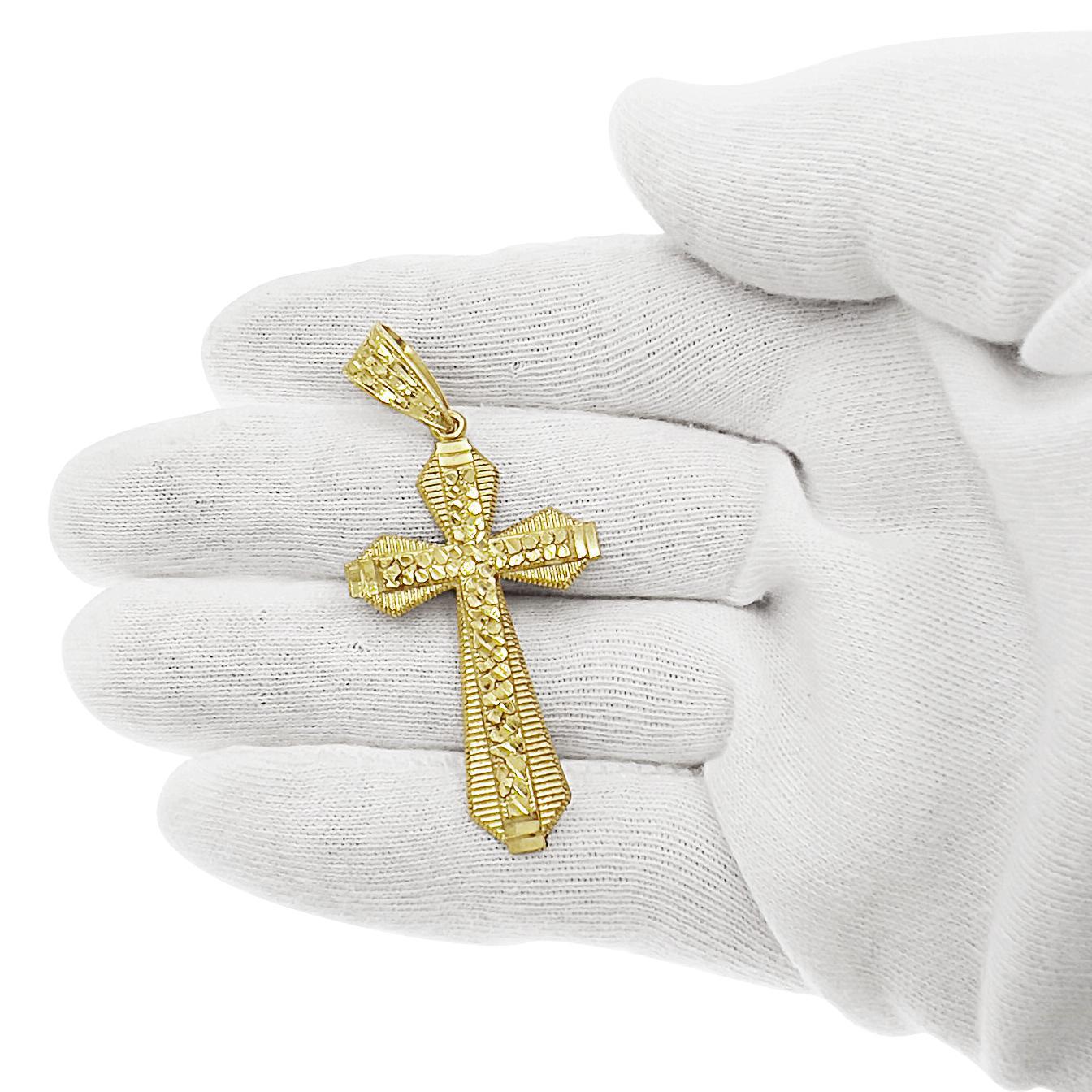 Cross Nugget Charm Mens Pendant Real 10k Yellow Gold 2.2 inch