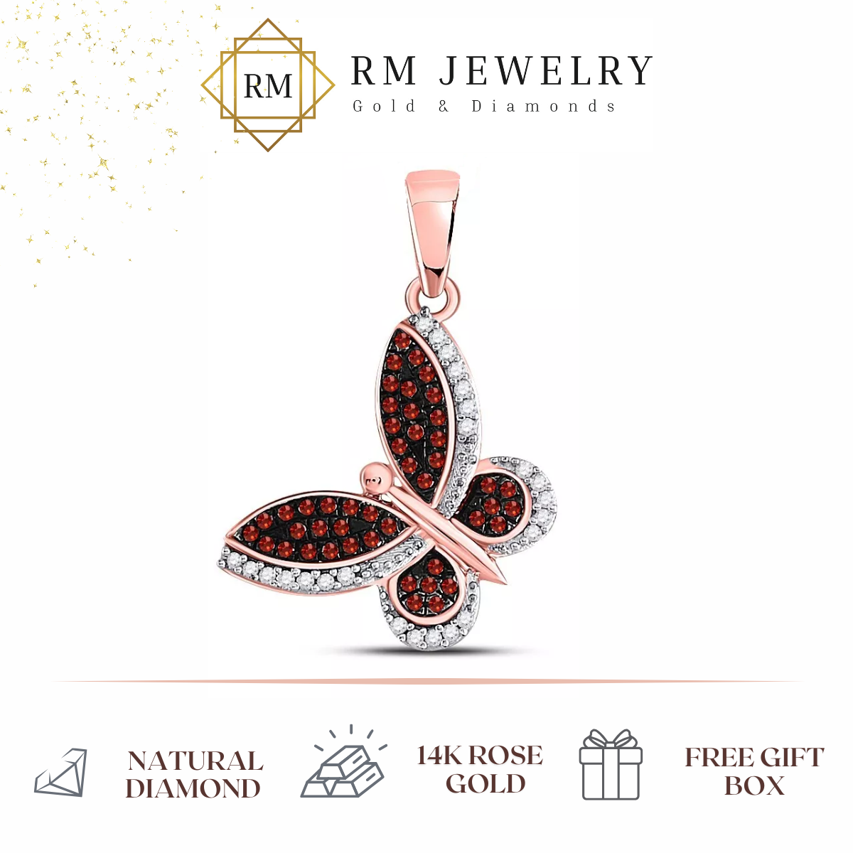0.20ctw Diamond Red Butterfly Pendant Charm 10k Rose Gold