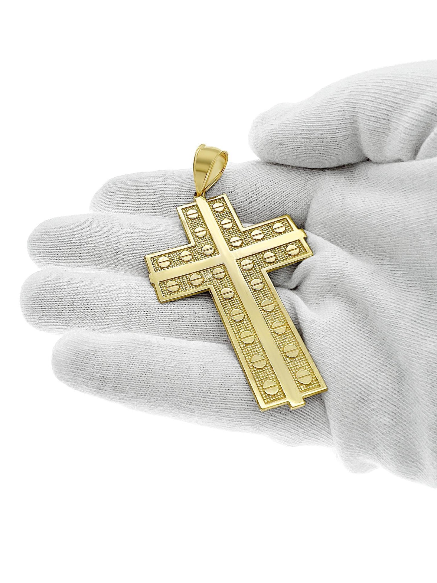 10k Gold Cross Pendant Screw Head Detail Textured Finish Mens Charm 2.9 inch