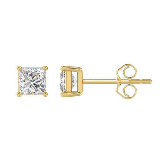 1ct Diamond Lab Grown Princess Cut Stud Earrings 14K Yellow Gold