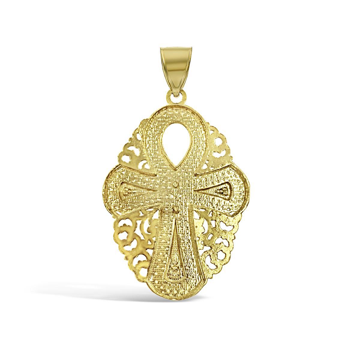 Egyptian Ankh Cross Filigree Pendant Charm 14k Yellow Gold 1.5 inch