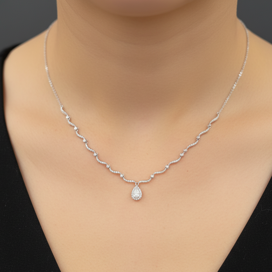 0.75ctw Diamond Teardrop Pear Cluster Pendant Necklace 10k White Gold