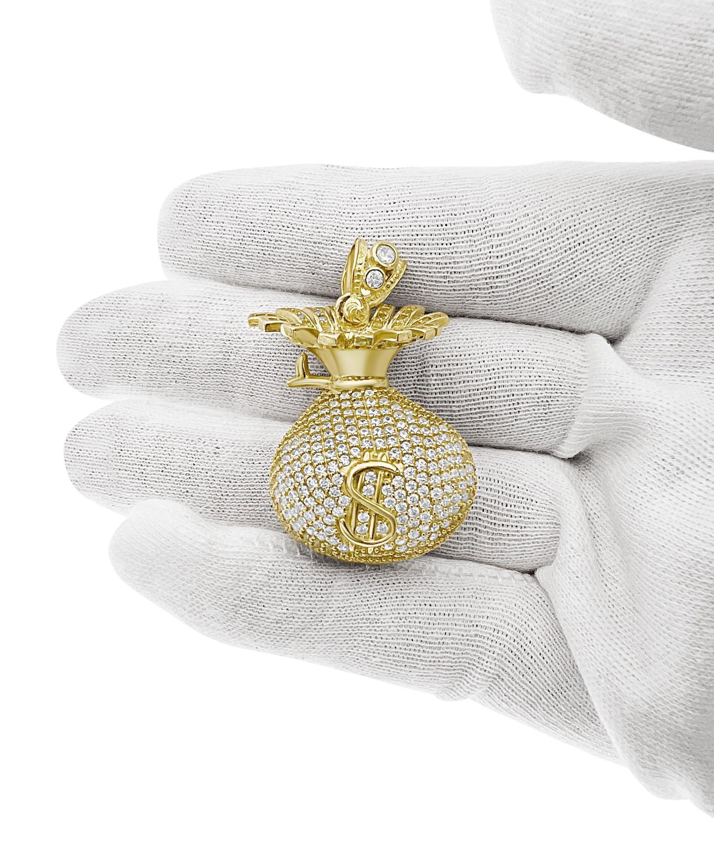 Money Bag Pendant Mens Charm 3D Dollar Sign 10k Yellow Gold 1.6 inch