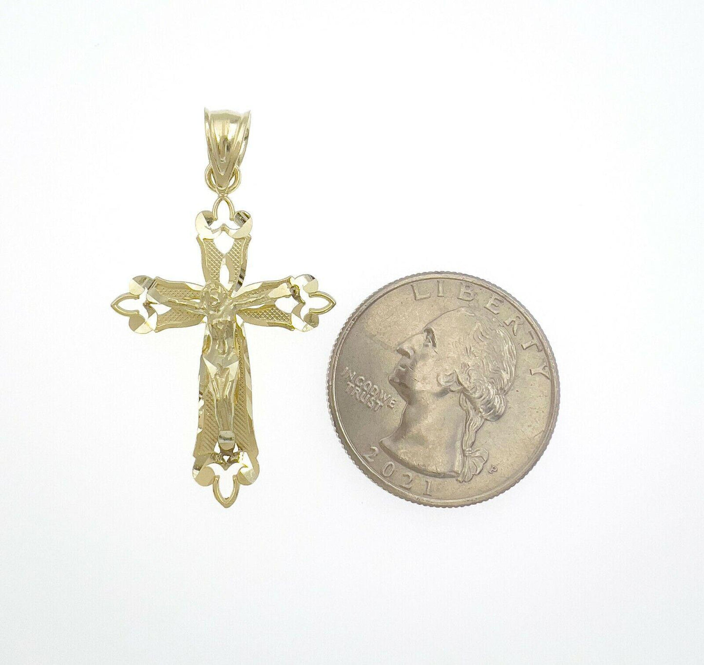 Cross Jesus Crucifix Pendant 10k Yellow Gold Charm Diamond Cut 1.6 inch