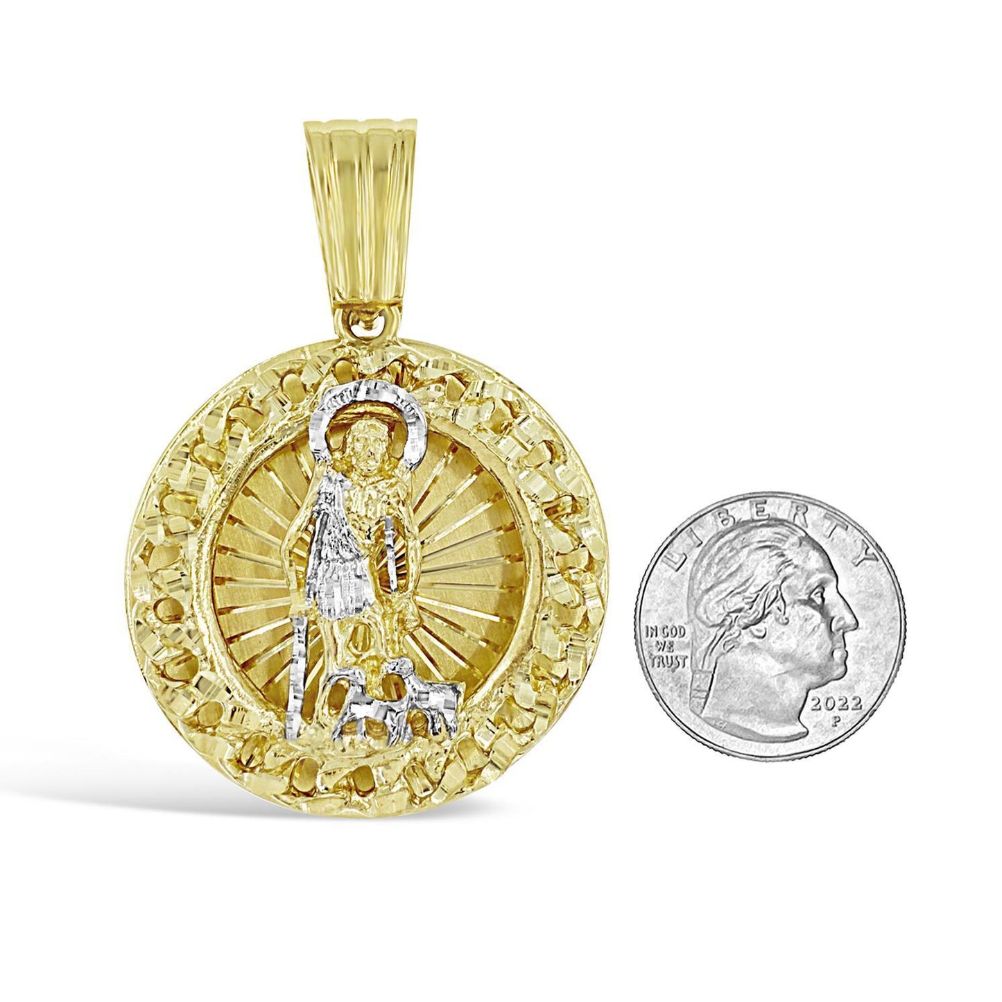 Saint Lazarus Pendant Medallion 10k Two Tone Gold Charm 2.4 inch