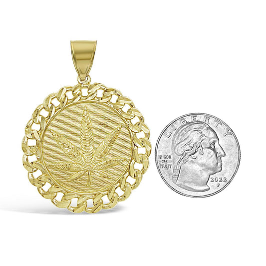 10K Yellow Gold Marijuana Leaf Mens Round Pendant