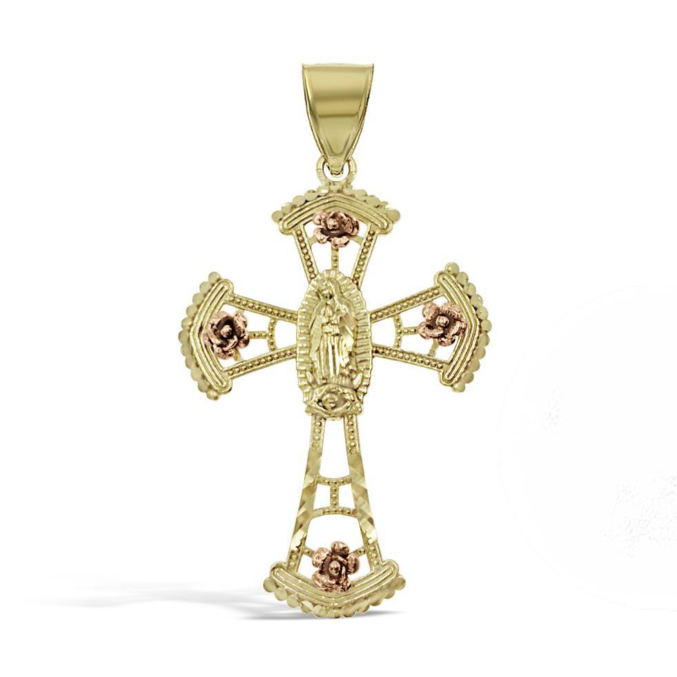 Virgin Mary Cross Pendant 10K Yellow Rose Gold Religious Charm 1.8 inch