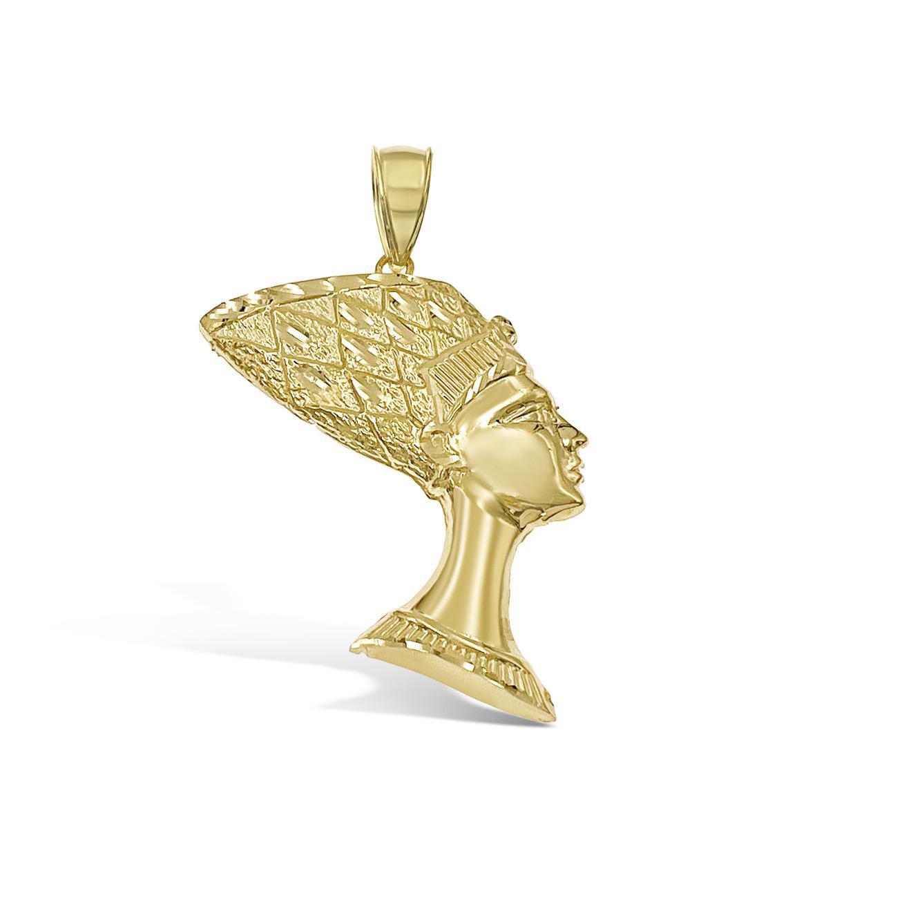 Nefertiti Egyptian Queen Pendant Mens Charm 10k Yellow Gold 2.4 inch