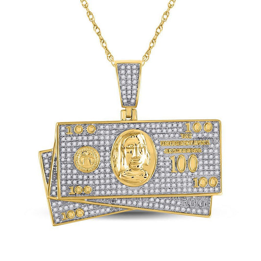 0.80ctw Diamond $100 Hundred Dollar Bill Pendant Charm Money 10k Yellow Gold