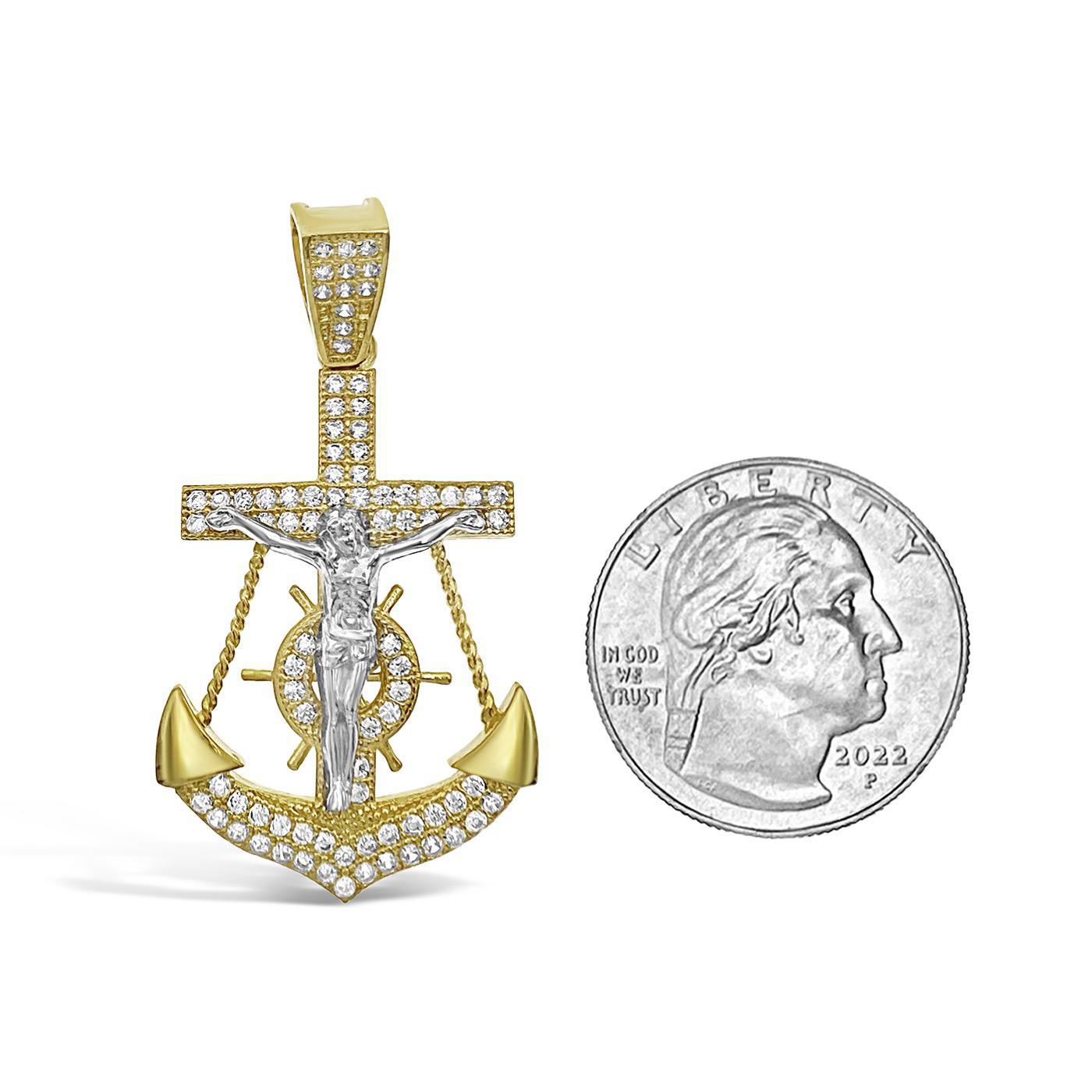 10k Yellow Gold Anchor Jesus Crucifix Pendant CZ Charm 1.7"