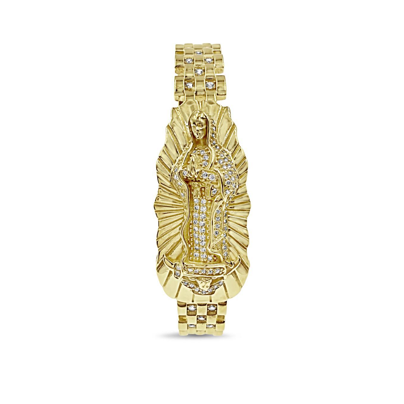 10k Yellow Gold Virgin Mary Hinged Bangle Bracelet CZ Statement