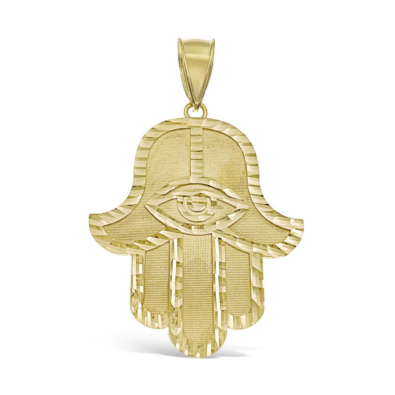 Hamsa Fatima Hand Pendant Mens Charm Real 10k Yellow Gold Charm 2.5 inch