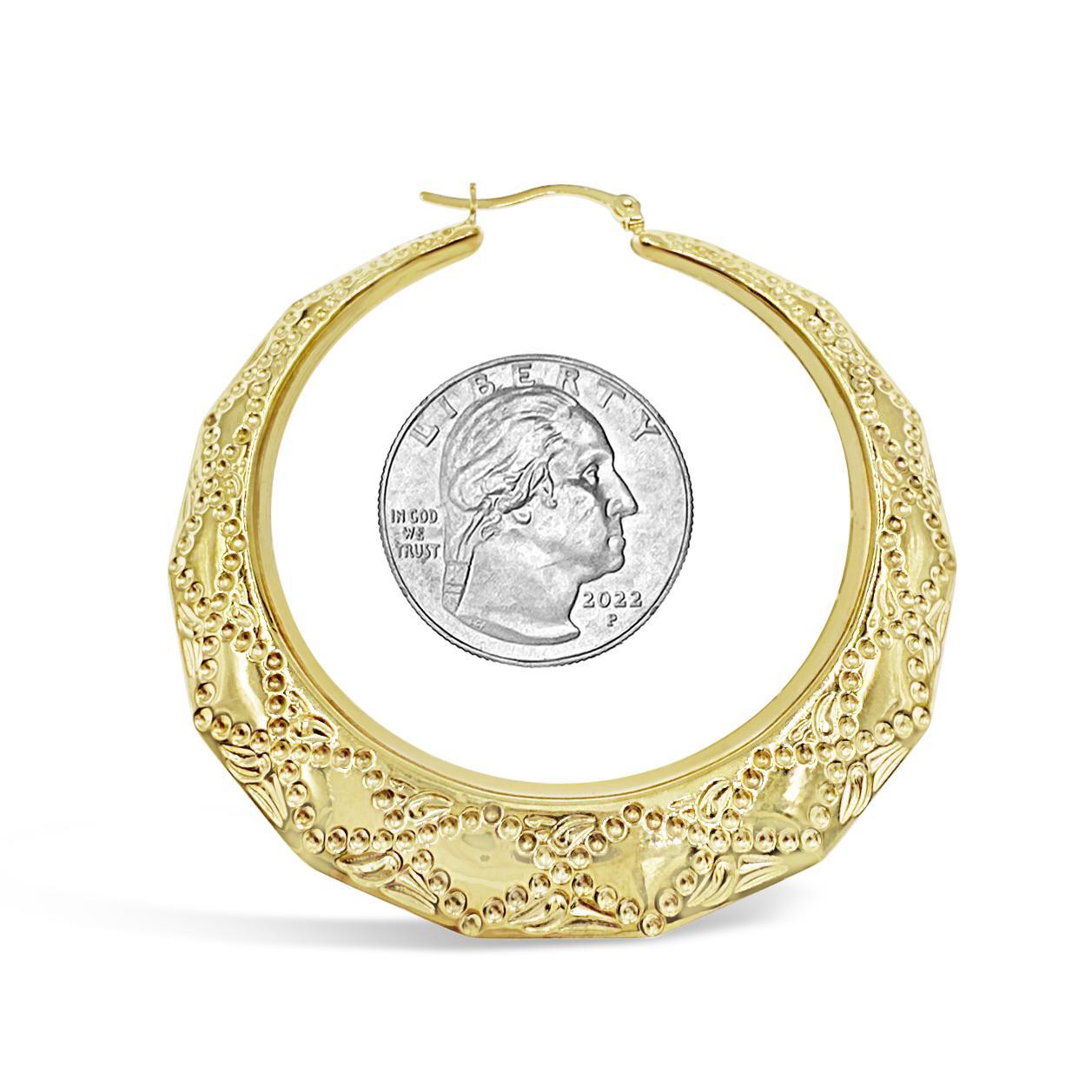 10K Yellow Gold Textured Hoop Earrings Womens Hinged 2.2 inch