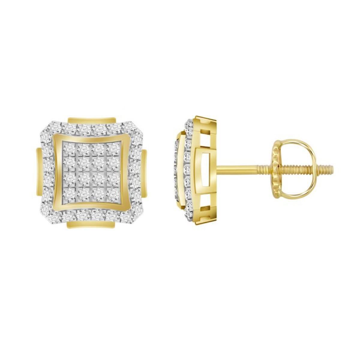 0.25 cttw Diamond Square Cluster Mens Stud Earrings 10k Yellow Gold Screw Back