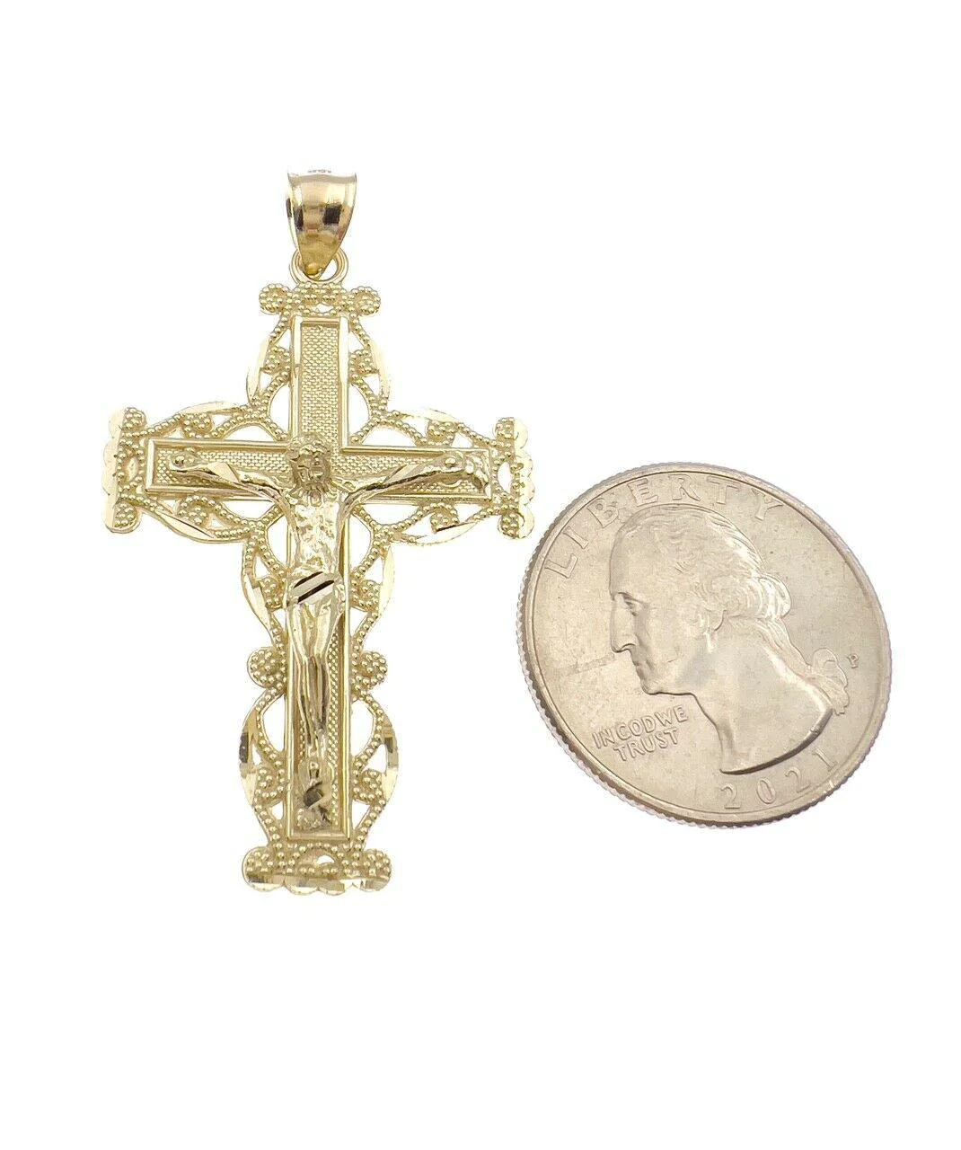 Jesus Crucifix Cross Pendant Mens Charm 10k Yellow Gold 2 inch