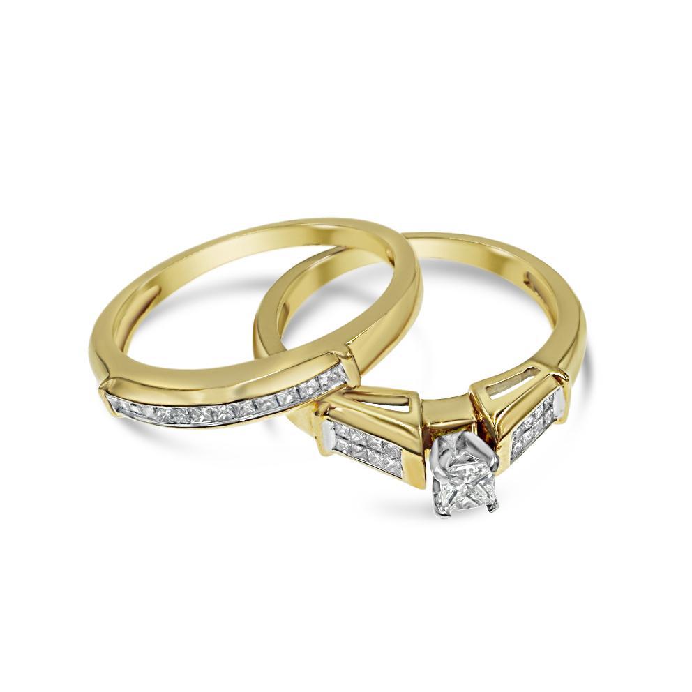 14k Yellow Gold 0.46ct Diamond Bridal Set Engagement Wedding Ring Princess Cut