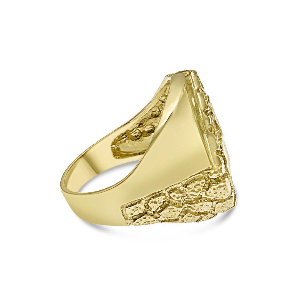 10K Yellow Gold Mens Nugget Signet Ring Pinky Oval Textured Statement Band