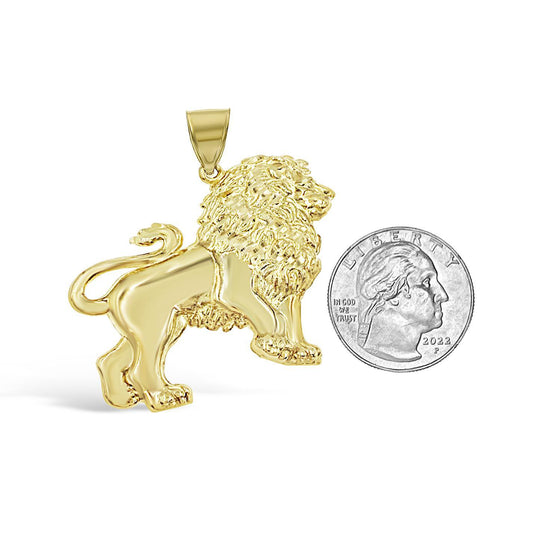 Lion Pendant Real 10K Yellow Gold Charm Mens 1.9 Inch