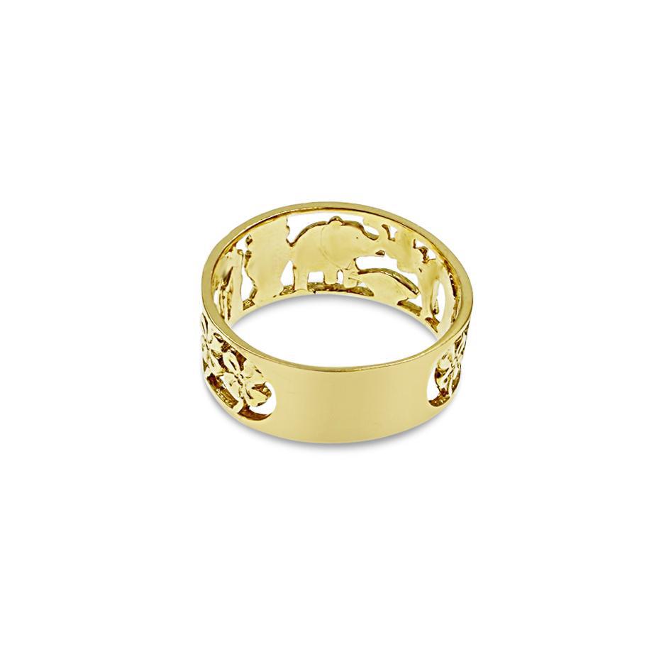14K Yellow Gold Good Luck Band Ring Elephant Owl Cut out