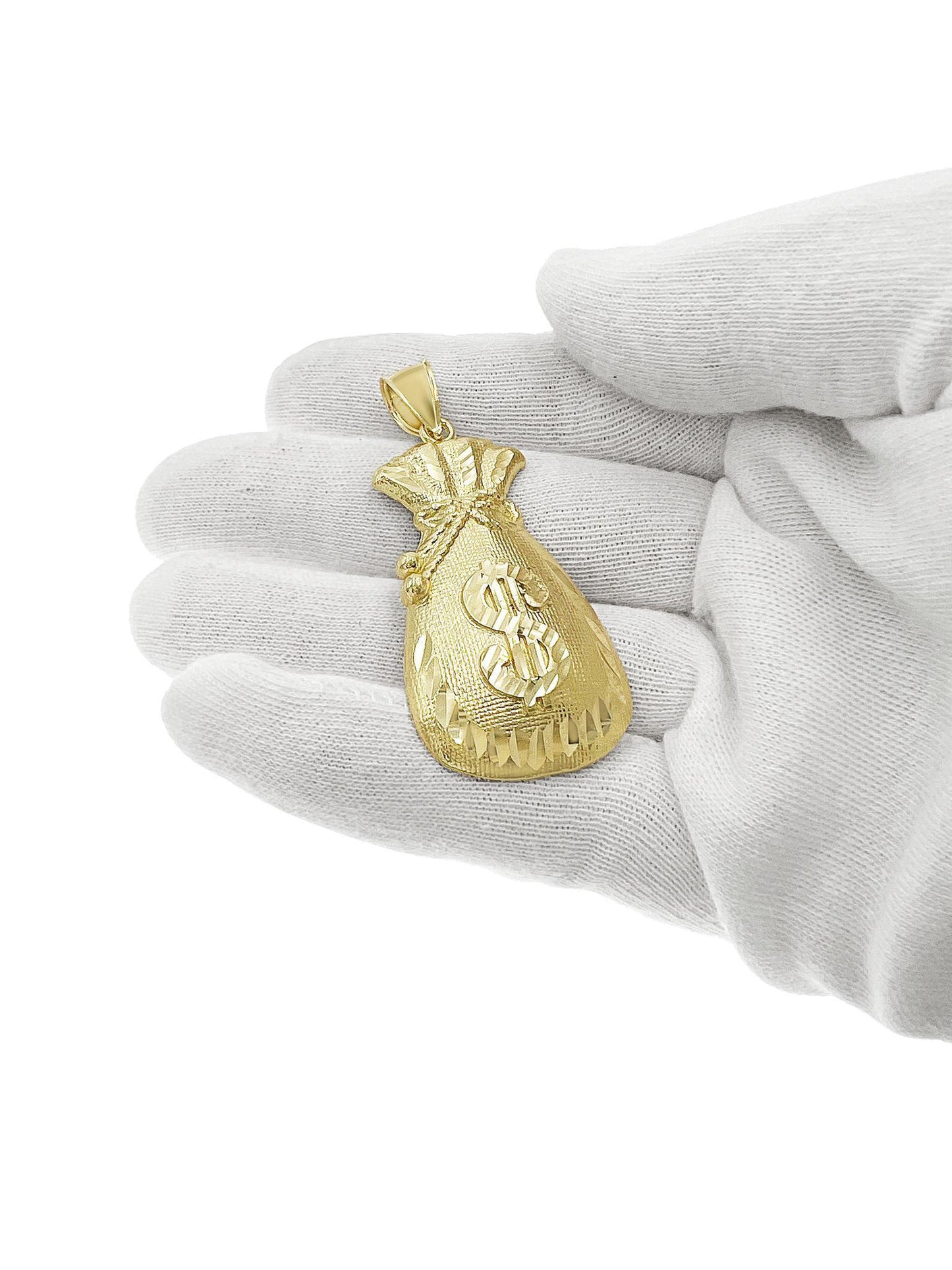 Money Bag Mens Charm 10k Yellow Gold Dollar Sign Pendant 2.2"