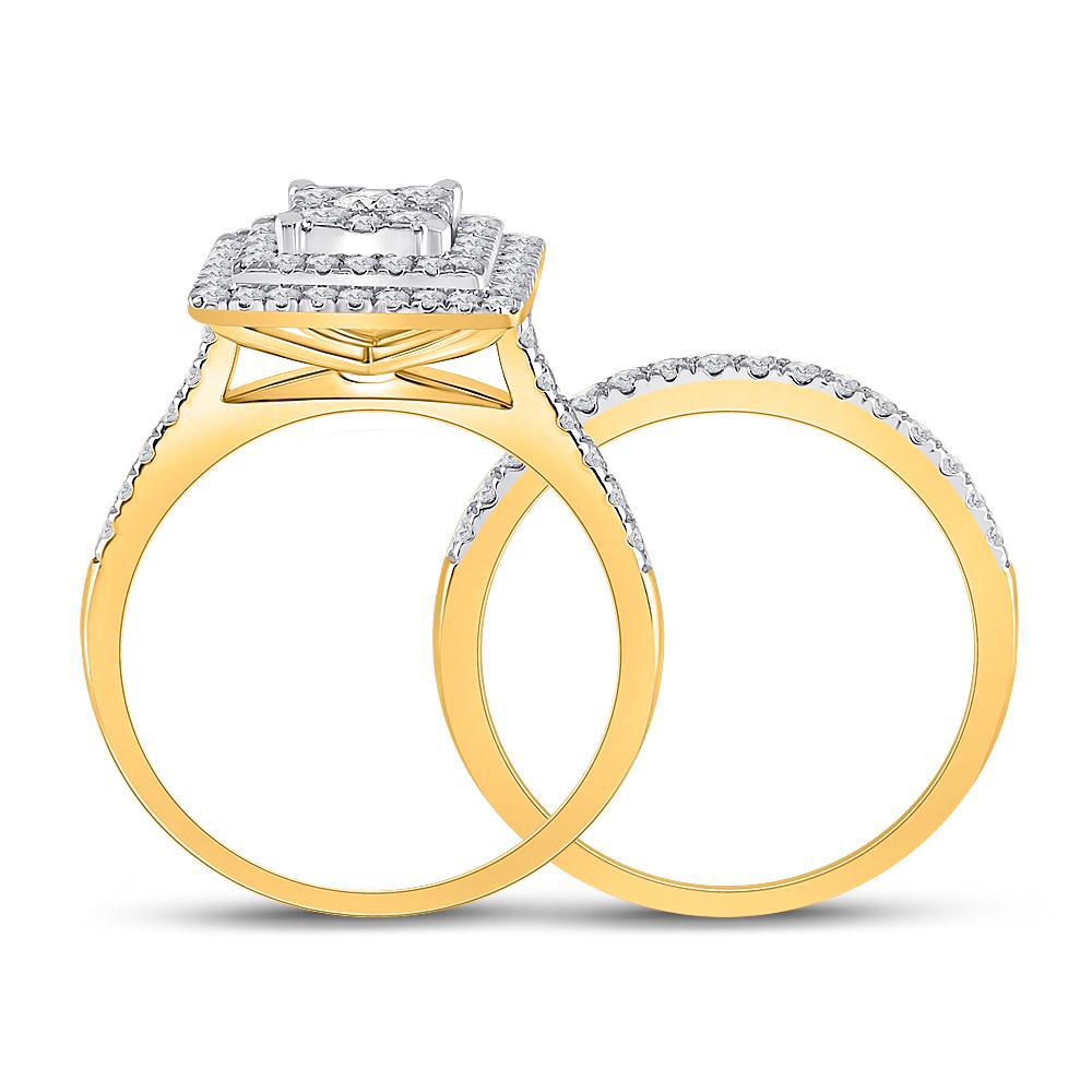 1 Cttw Round Diamond Square Cluster Bridal Wedding Ring Band Set 10k Yellow Gold
