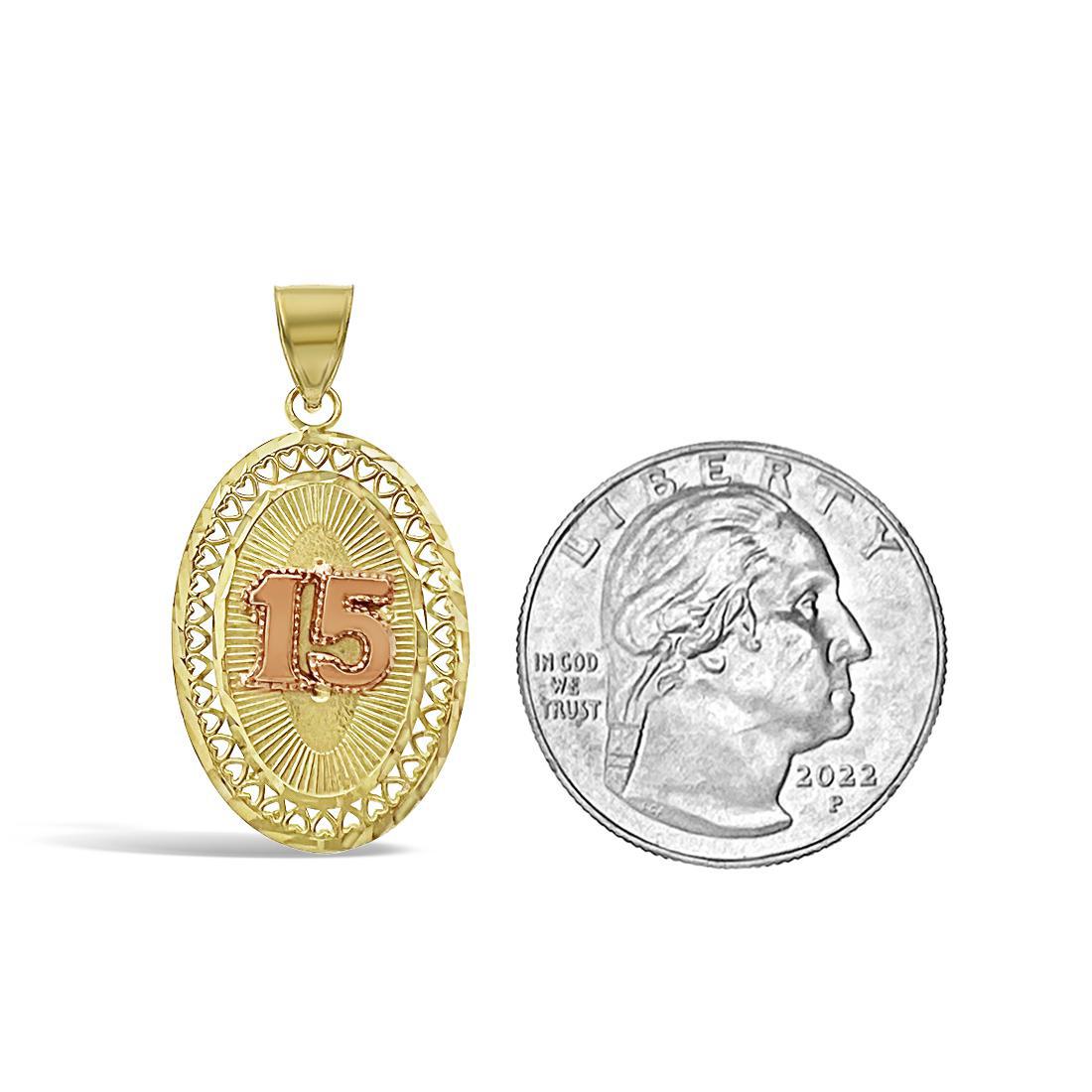 Quinceanera 15 Anos Birthday Pendant 10k Yellow Rose Gold Charm Oval 1.2 inch