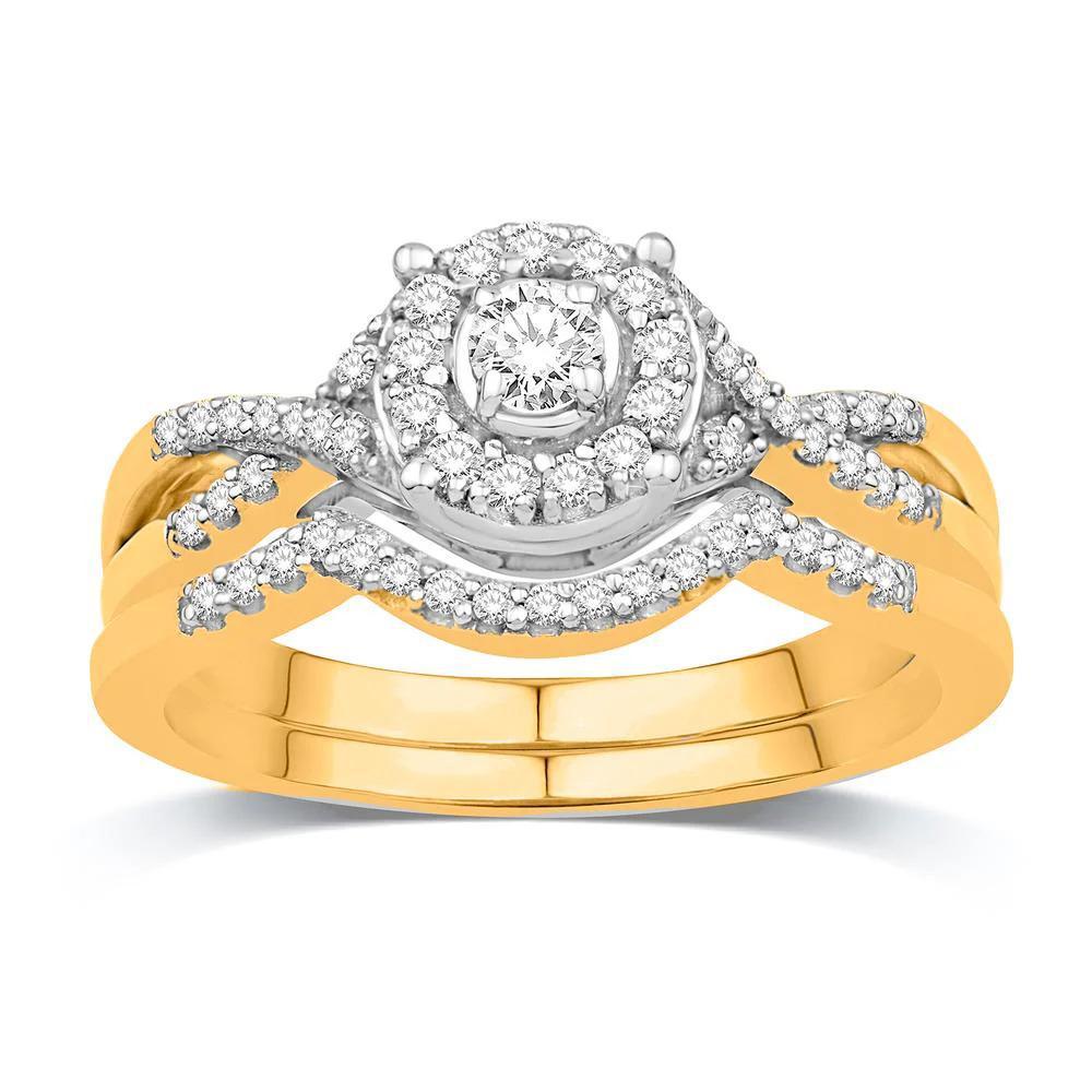 0.33ctw Diamond Halo Swirl Wedding Bridal Ring Set 14k Yellow Gold Womens