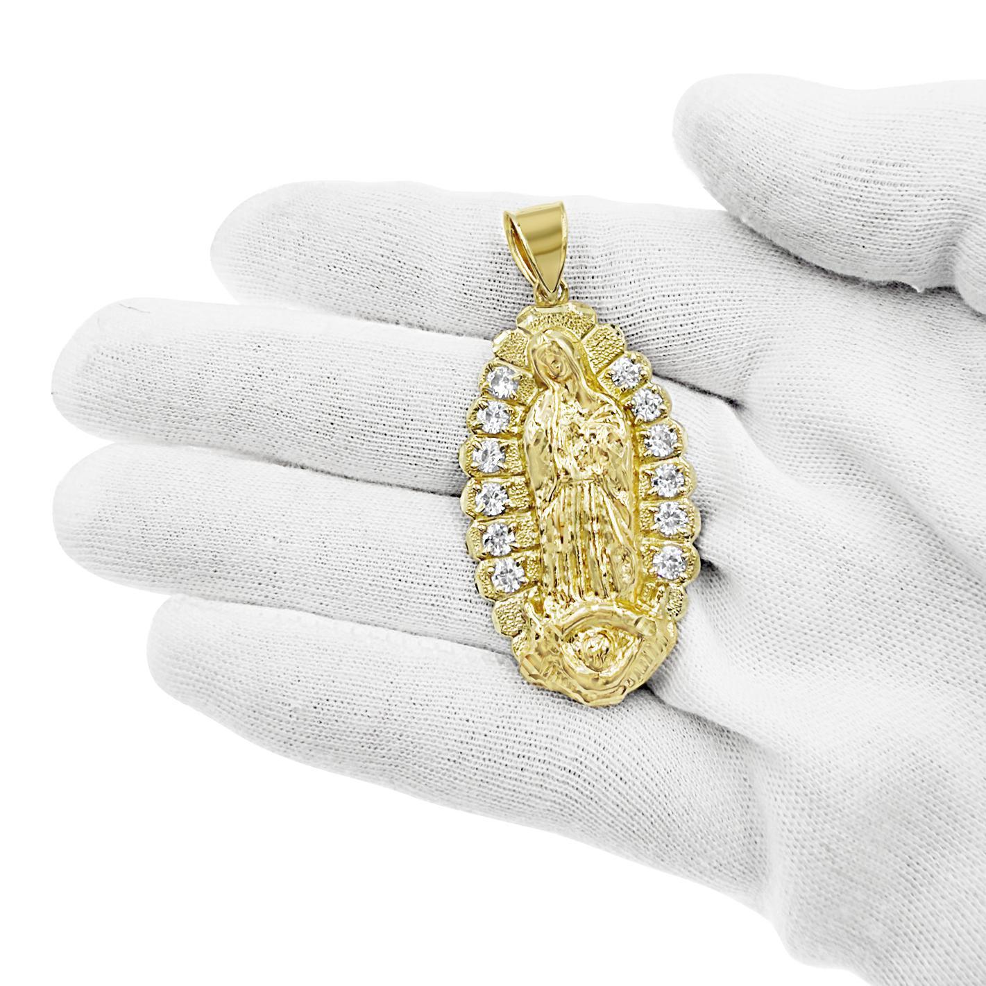 10K Yellow Gold Virgin Mary Lady Guadalupe Pendant CZ Charm 2.2 inch