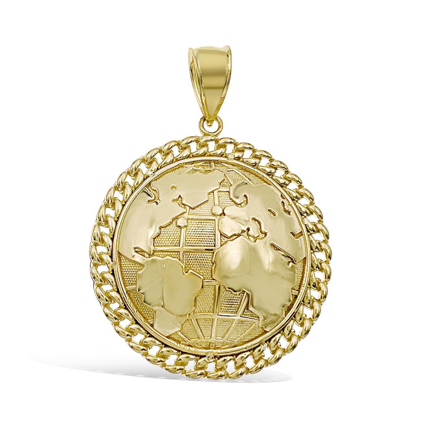 Globe Earth Pendant Mens Charm Real 10k Yellow Gold 1.5 inch